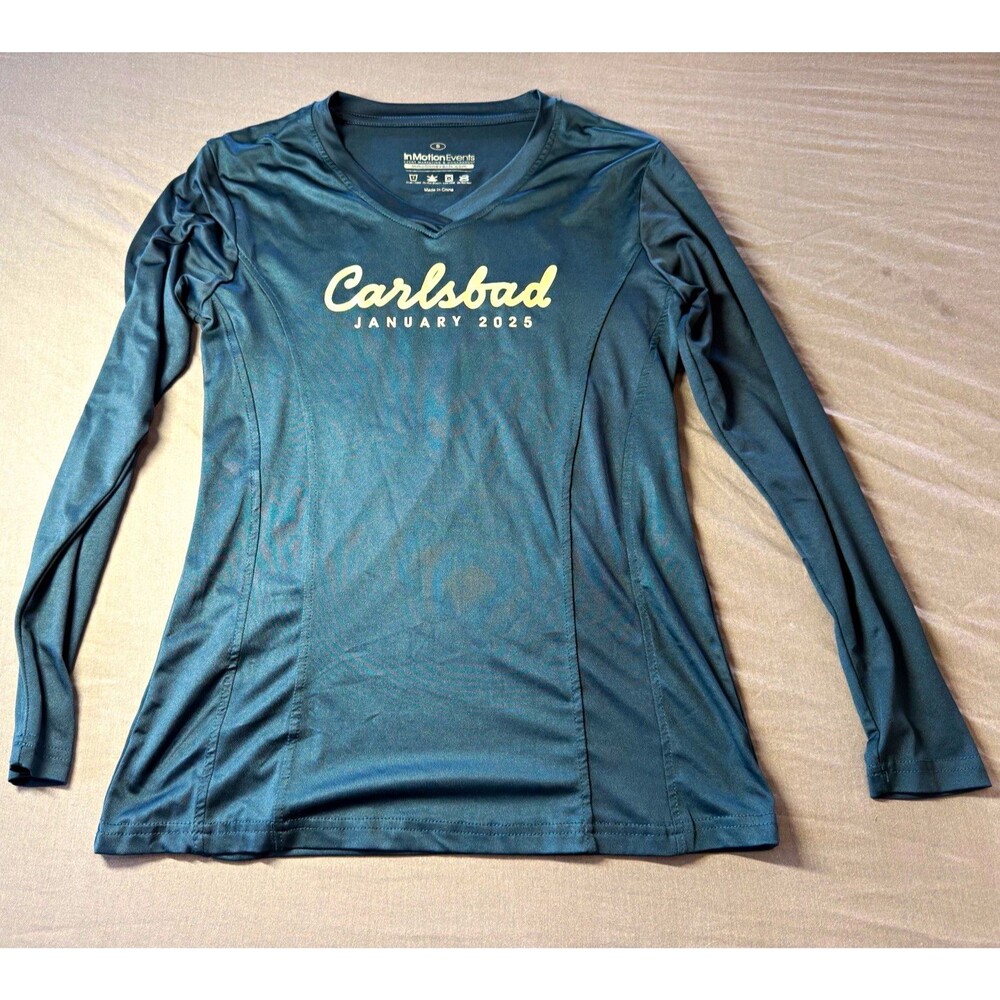 InMotionEvents Women's S Blue Long Sleeve V-Neck Polyester Running Graphic Tee